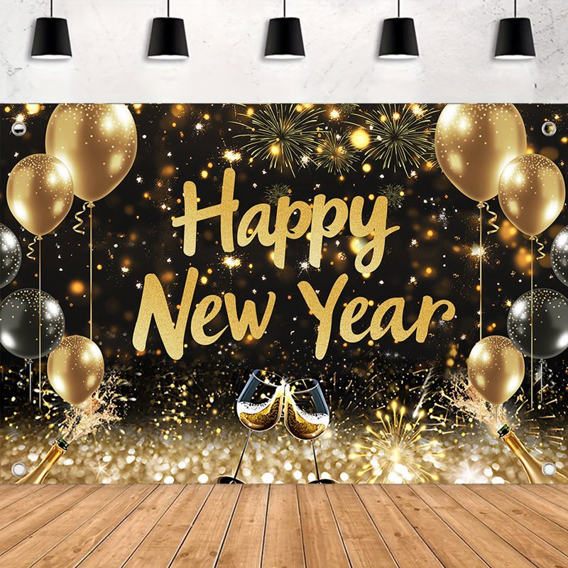 100*150cm Black Gold Happy New Year Backdrop New Year Welcome 2025 ...
