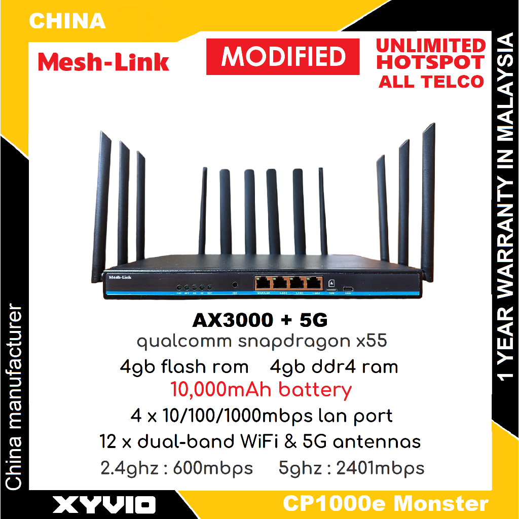 MESH-LINK CP1000e Monster AX3000 10,000mAh Battery Qualcomm x55 4GB RAM ...
