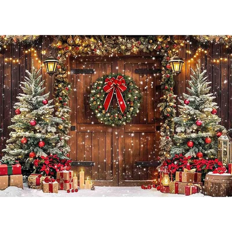 7x5ft Christmas Wooden Door Photography Backdrop Winter Xmas Tree Gift ...