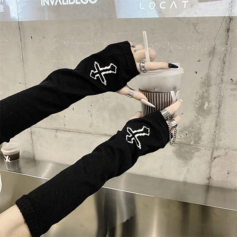 Punk Cross Pentacle Moon Pattern Long Fingerless Gloves Gothic Black ...