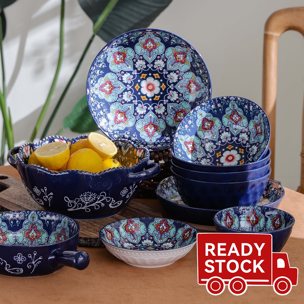 Bohemia Series Ceramic Soup Bowl Set, with Handle Soup Plate, Soup