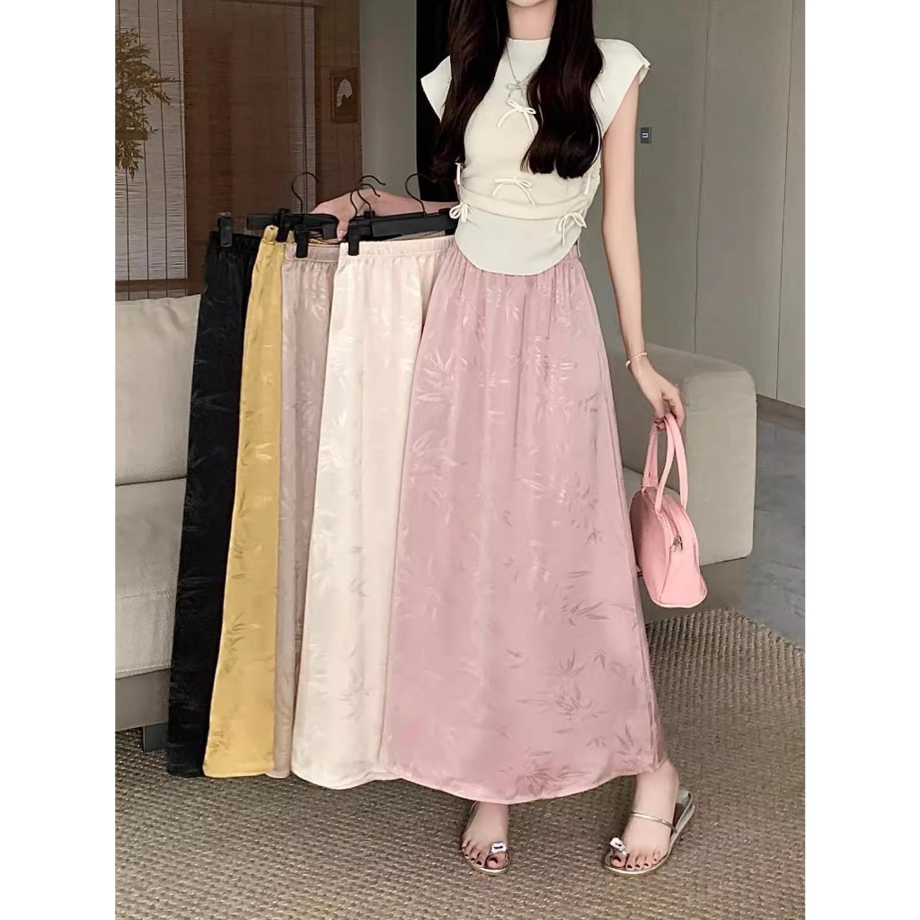 JYSeven.Chinese style satin printed skirt women loose elegant pink long ...