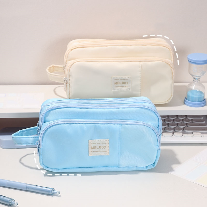 Outdoor Style Pencil Bag Pen Case Hitting Color Canvas 3 Layer Pocket Storage Pouch for Stationery School