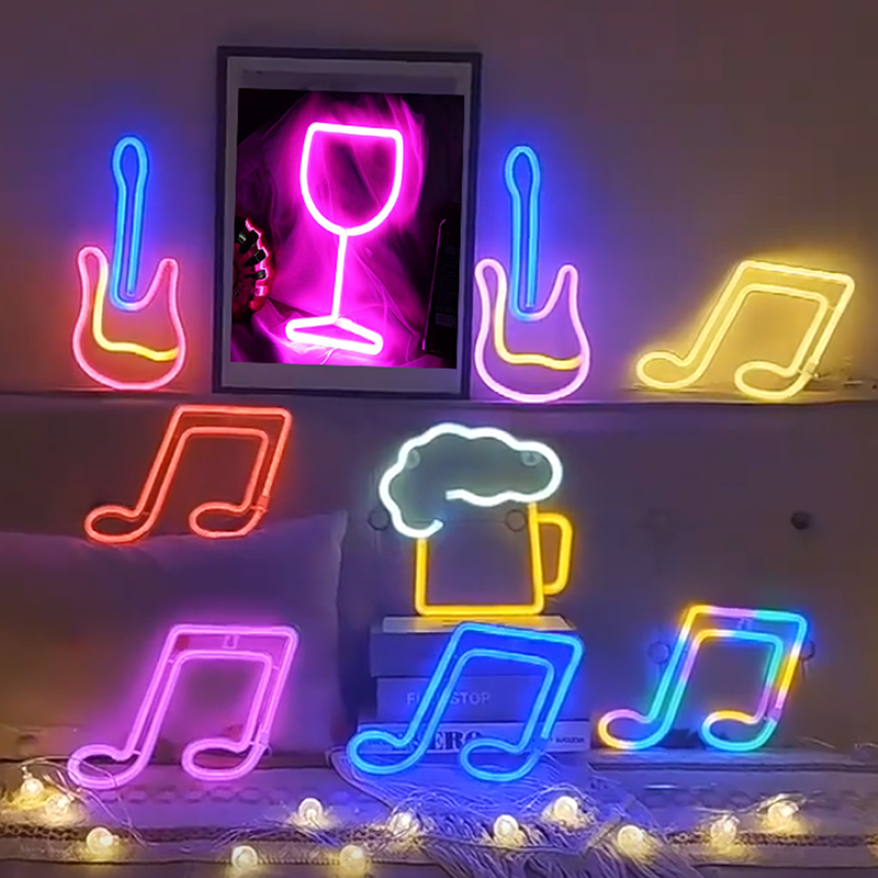 Led Neon Sign Guitar Note Beer Wine Glass Shaped Neon Night Light for ...