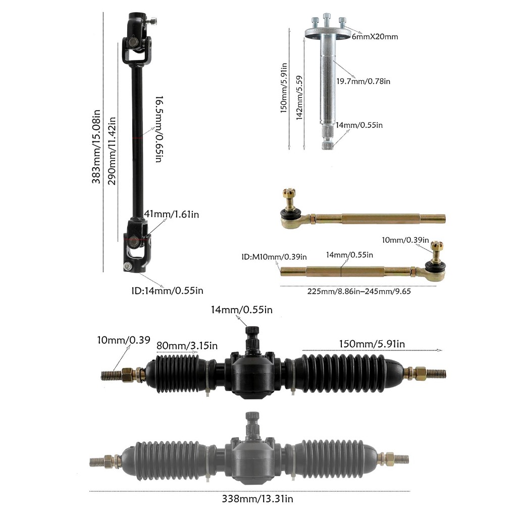 Front Steering Wheel Assembly Tie Rod Gear Rack Shaft Kit Go Kart ATV ...