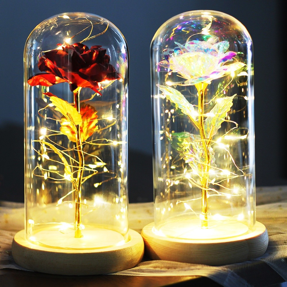 Artificial Flower Rose with LED Light In Glass Dome Gifts for Mothers ...
