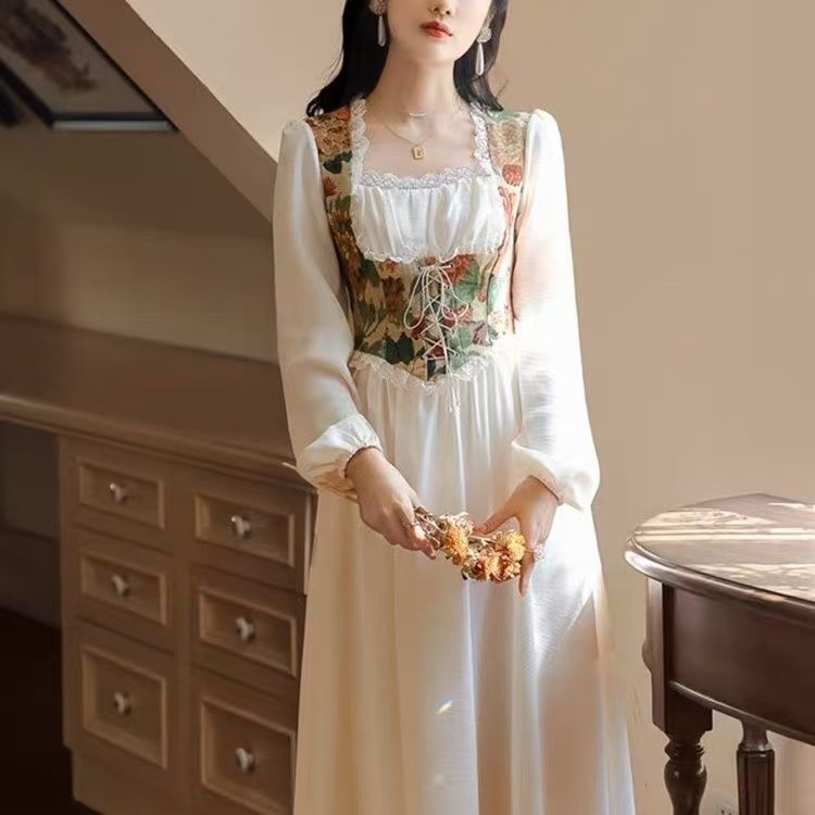 french style elegant women slim waist long sleeve square neck maxi long  dress ready stock new | Shopee Malaysia