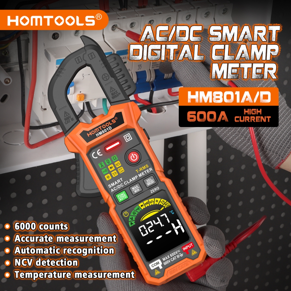 HOMTOOLS HM801 Digital Clamp Multimeter 600A AC/DC Current and 600V AC ...