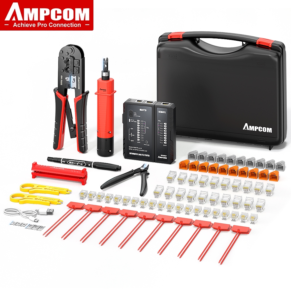 AMPCOM RJ45 Crimper Lan Tester Tool Set Ethernet Cable Stripper Punch ...