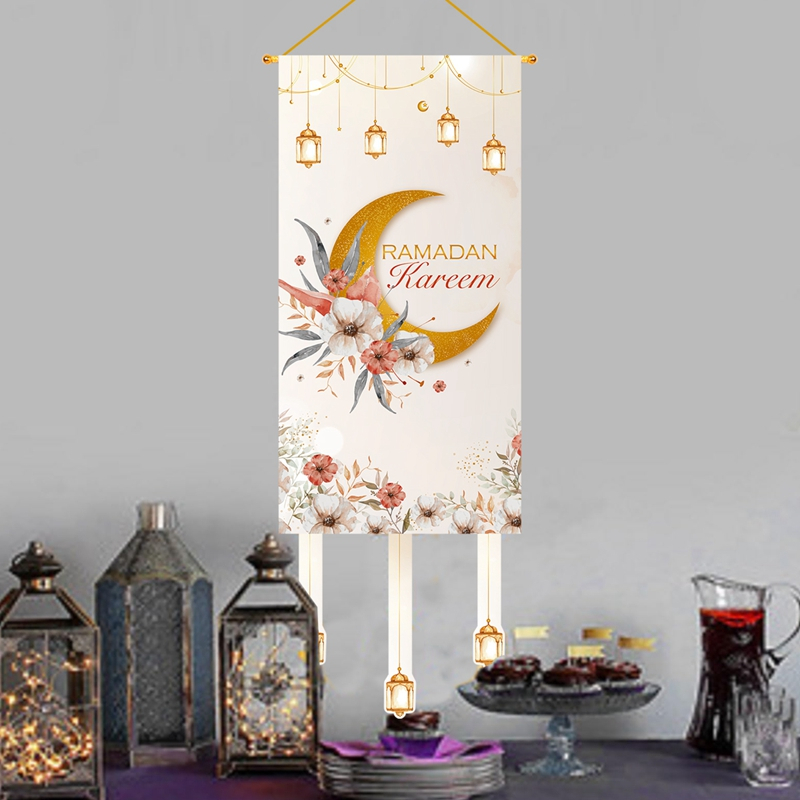 【New】 White Gold Ramadan Kareem Hanging Banner Eid Moon Stars Lamps ...