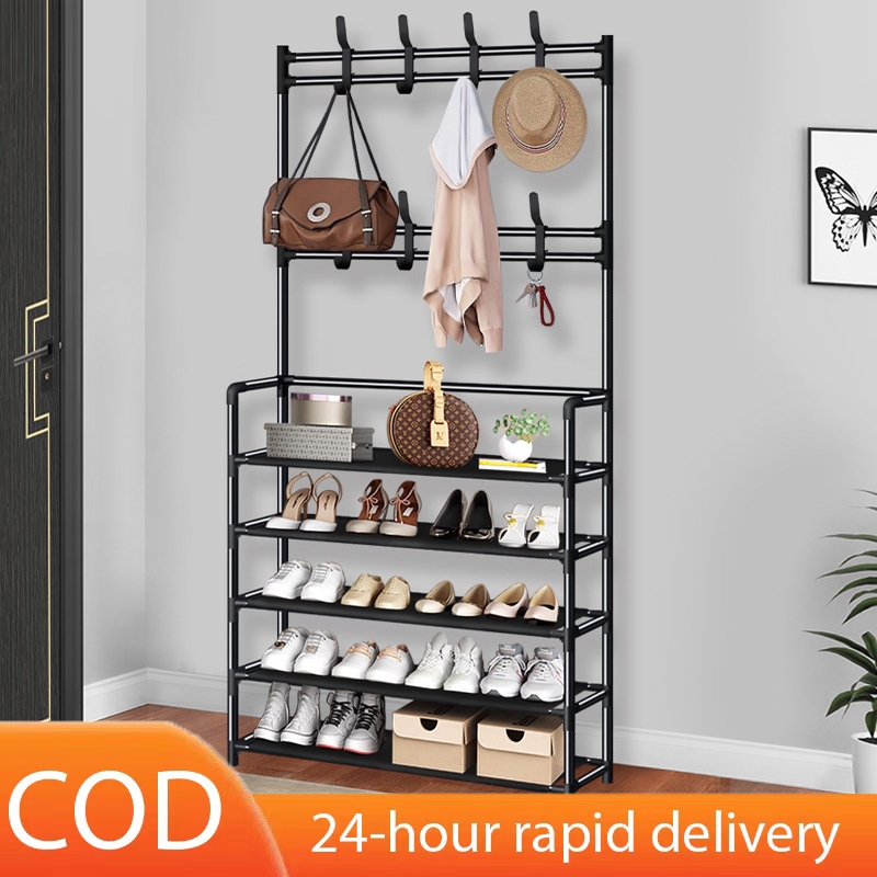 Black/white Multifunctional Shoe Rack Organizer Simple Floor Coat Rack ...