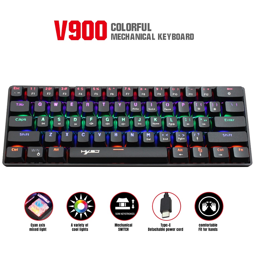 HXSJ Mini Gaming Keyboard V900 61 Keys Non-conflict Colorful Mechanical ...