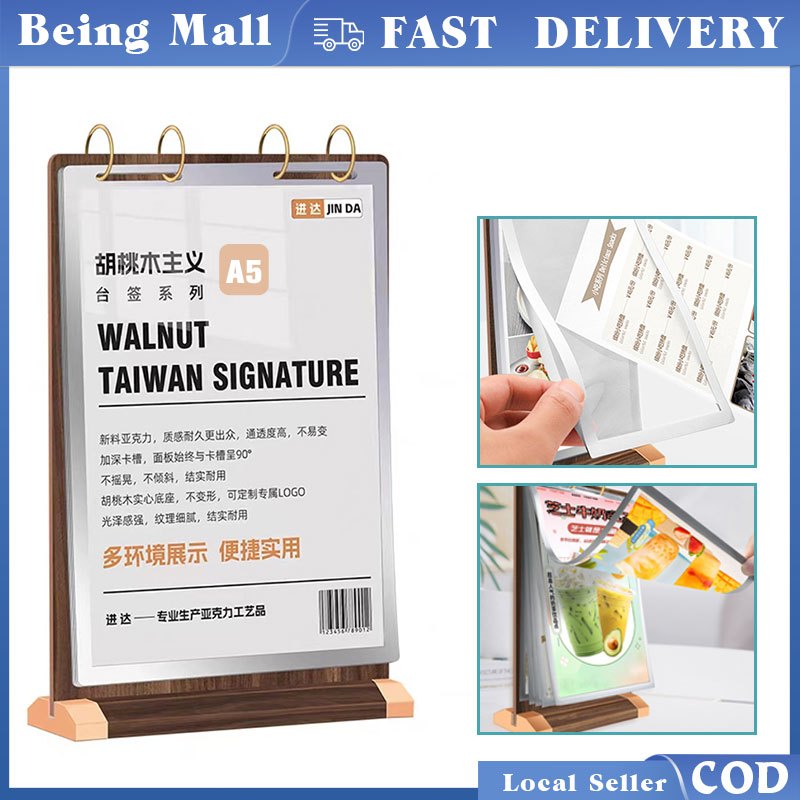 A5 Restaurant Menu Display Stand Walnut Wooden Page Turning Table Card ...