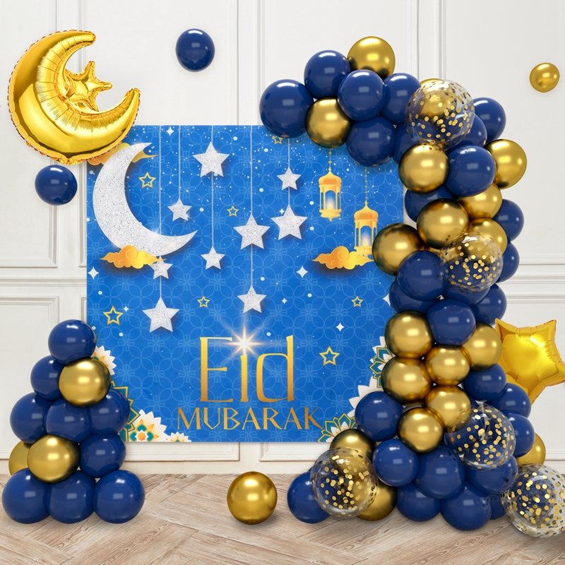 74PCS Eid Mubarak Balloon Backdrop Star And Moon Hexagonal Lantern ...