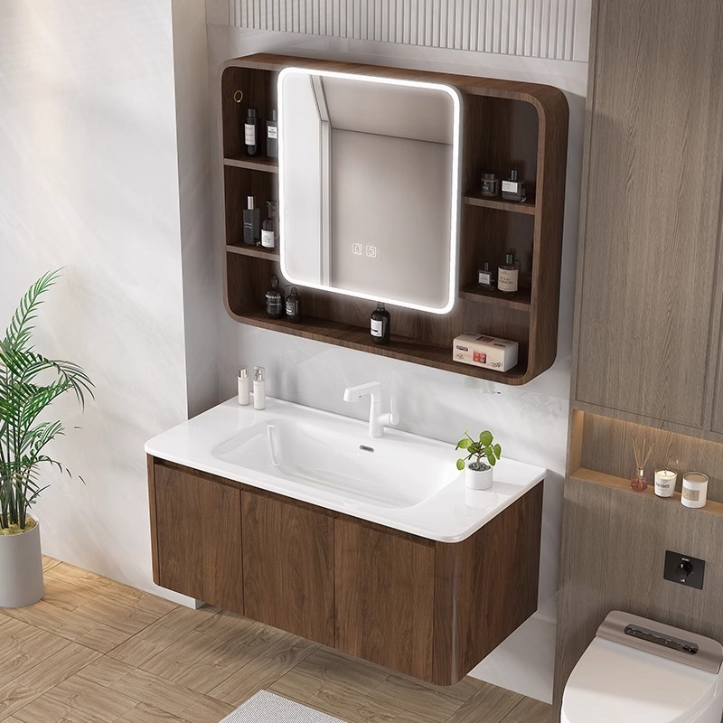 Honeycomb Aluminum Curved Walnut Bathroom Vanity Thick with Ceramic ...