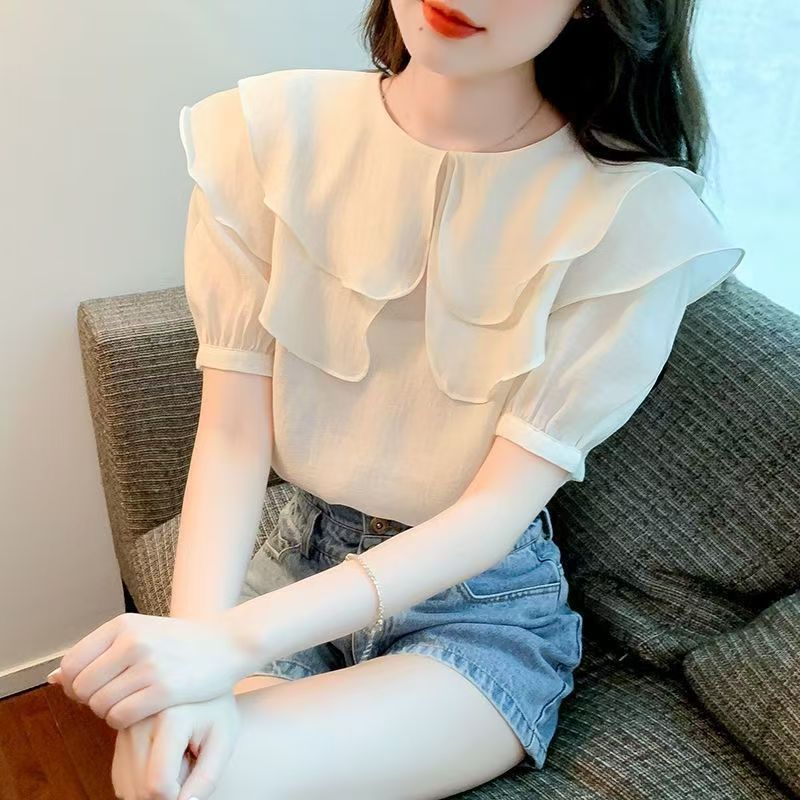 New double ruffled collar shirt women's fashion short sleeves, | Shopee ...