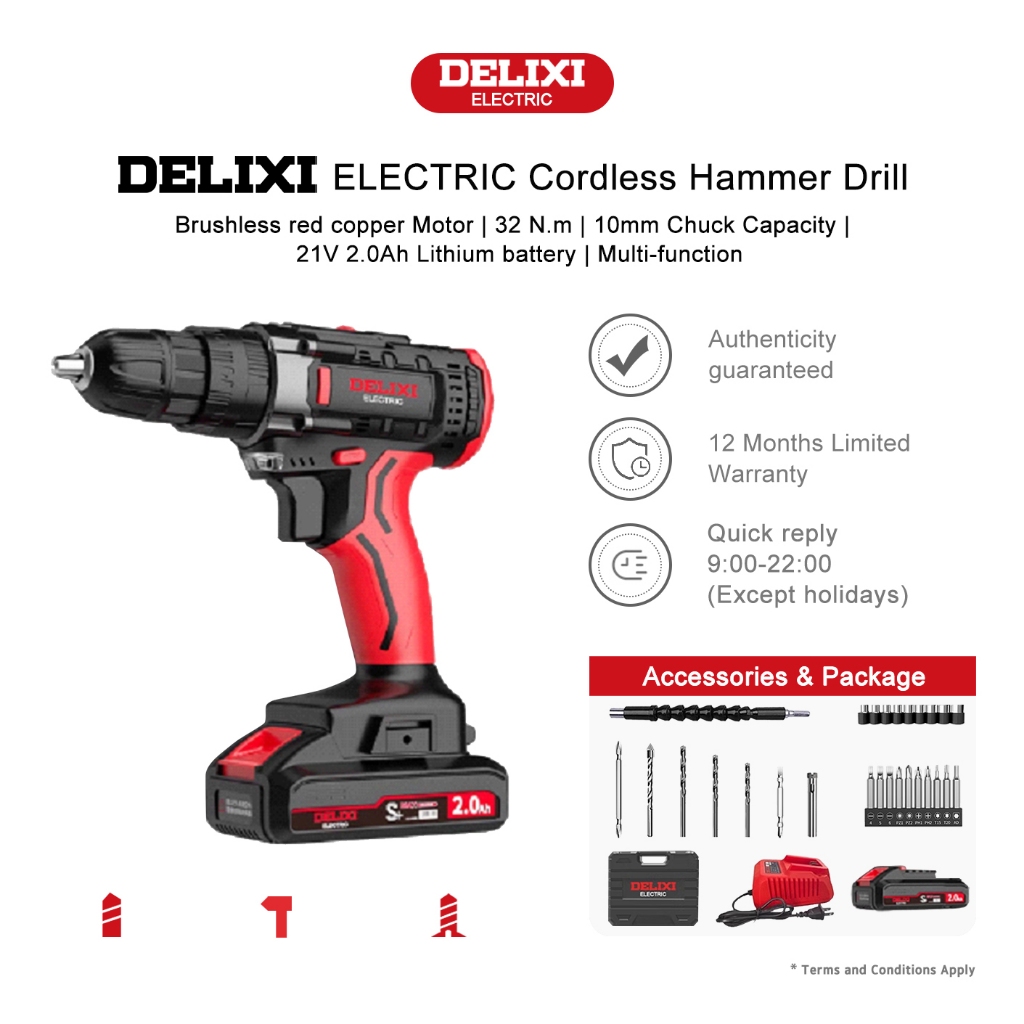 Delixi Electric 21v Cordless Brushless Drill With 1 Piece 2.0ah Battery 