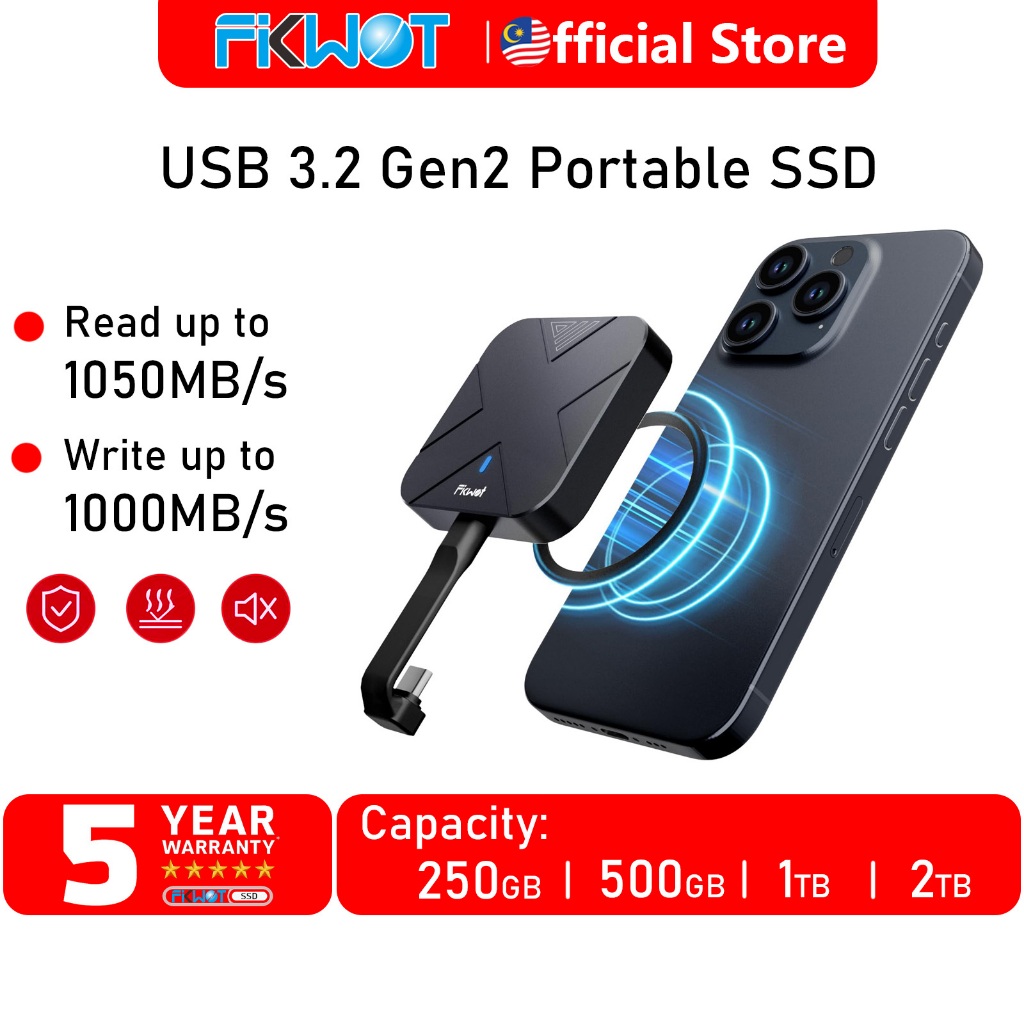 SSD Externe Fikwot FP70 500Go - Portable, Magnétique, USB-C 1050 Mo/s - Pour IPhone 15, Mac, PC