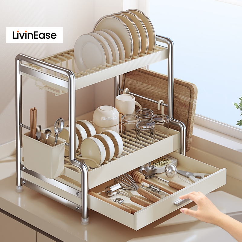 LivinEase 1/2 layer Rak Piring dish drainer rack with drawer kitchen ...