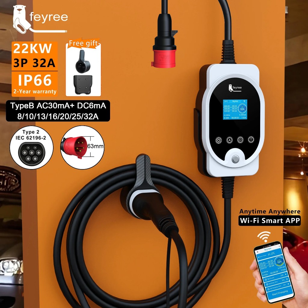 feyree 22KW EV Portable Charger 32A 3Phase Type 2 EV wallbox with Wi-Fi ...