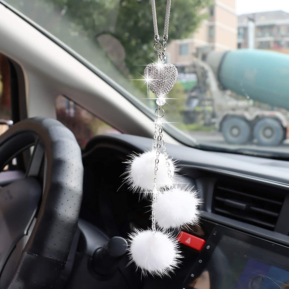 Miroir Voiture Suspendu Strass Cœur Boule Poils - Décoration Rétroviseur Intérieur Femme Noir