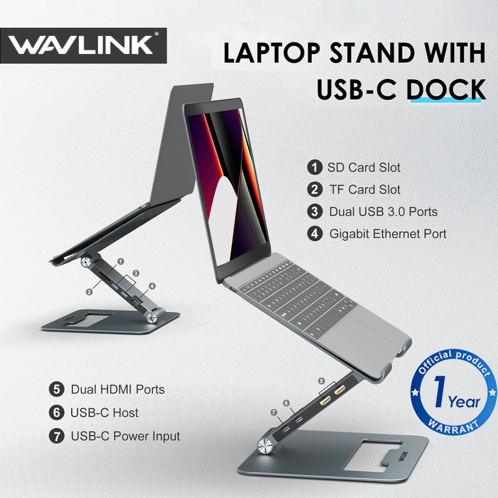 Wavlink Adjustable Aluminum Laptop Stand with 9-in-1 USB C Dock ...