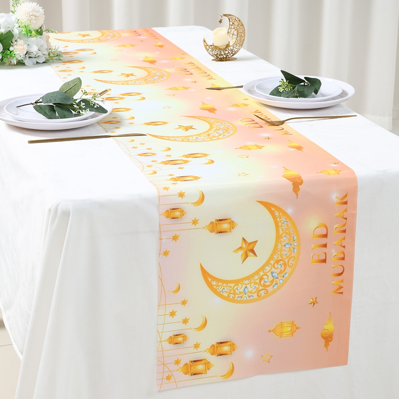 0.35*1.8M Warm Orange Eid Mubarak Table Runner 4 Seater Moon Lantern ...