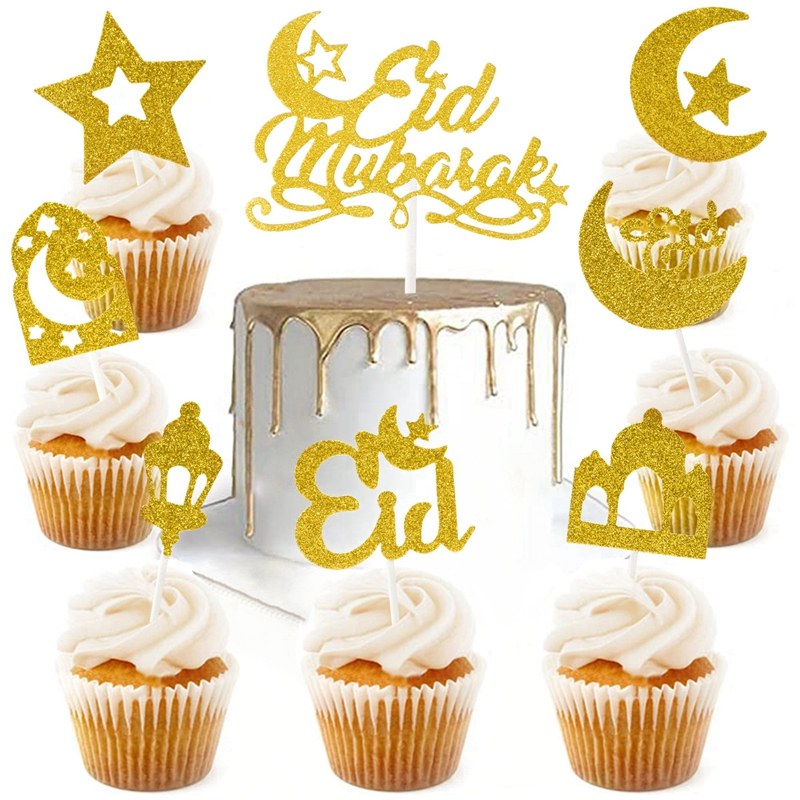 15pcs Gold Glitter Eid Mubarak Cake Topper Muslim Islam Party ...
