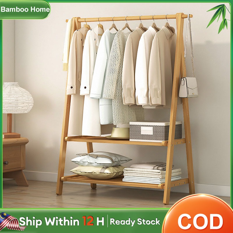 Bamboo Clothes Rack Foldable 66/86/116CM Clothes Hanging Rack Gantung ...