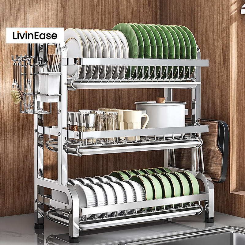 LivinEase 56cm 2/3 Layers Dish Rack Stainless Steel Dish Drainer Rack ...