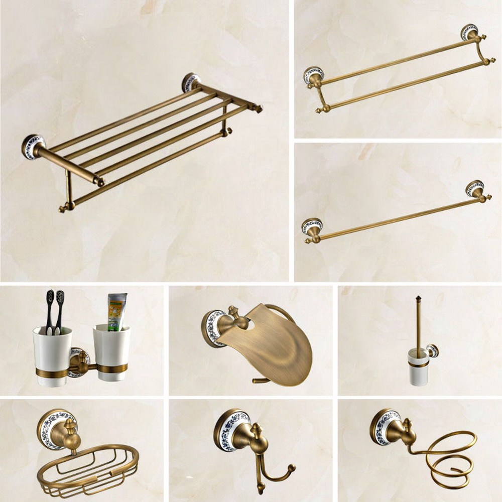 Antique Brass Bathroom Accessories Set Single/Dual Bar Towel Rack Shelf ...