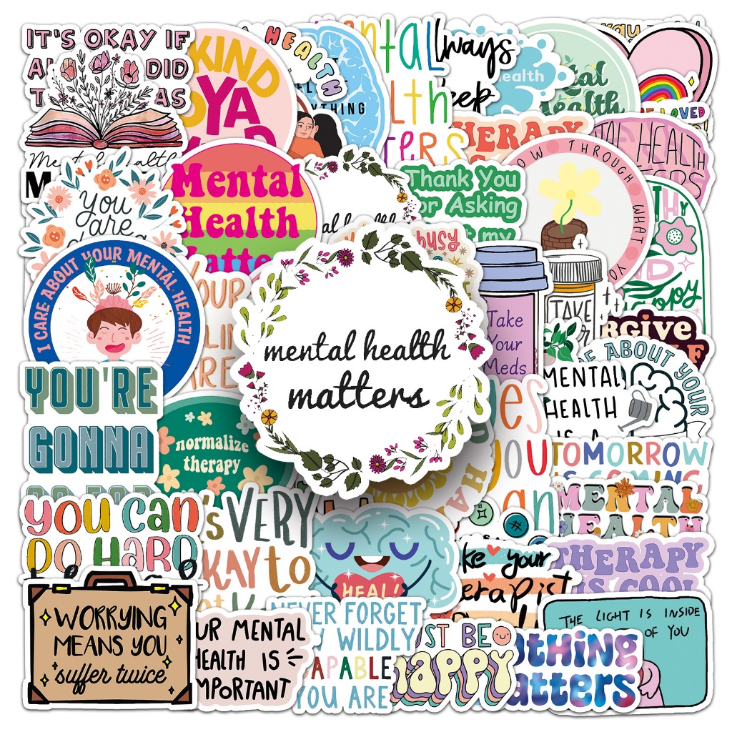 50 Piece Funny Mental Health Text Stickers Waterproof DIY For Phones ...