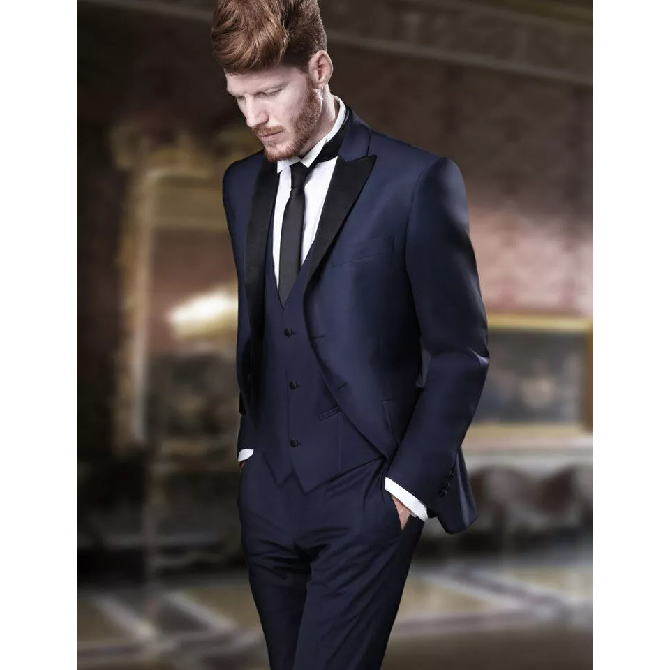 Modest Peak Lapel Slim Fit Men's Suits Navy Blue 2 Pieces Solid Color Wedding Suit main image 0