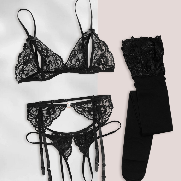 Provocative Stretch Band Open Bra & Panty W-elastic Garter Belt Black Lg