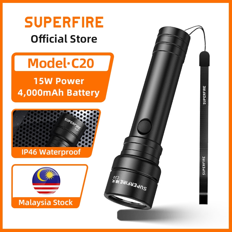 SUPERFIRE C20 15W Lampu Suluh Terang LED Rechargeable Torch Light Super ...