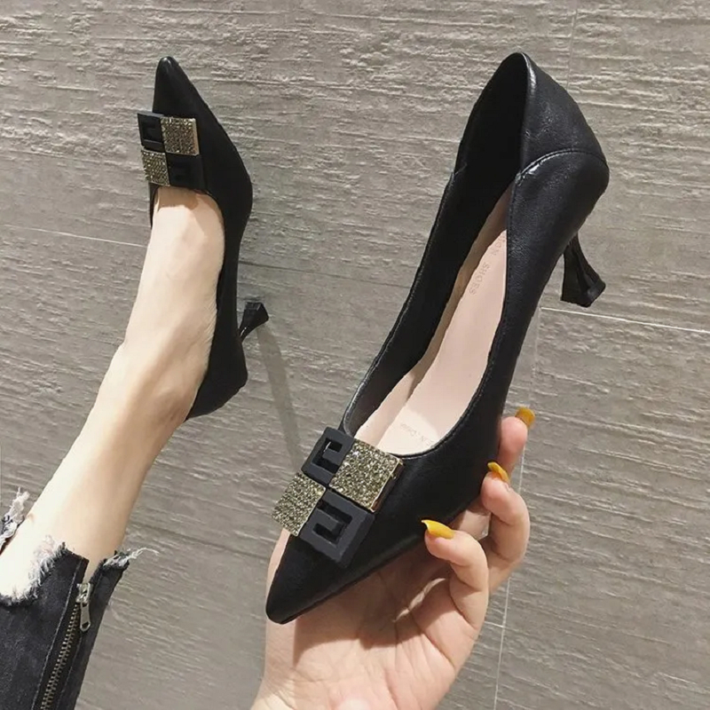 women fashion sweet black spring slip on office career stiletto heels ...