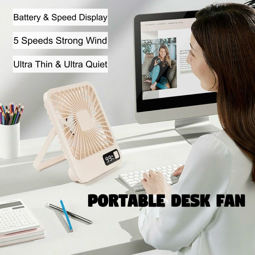 Portable Table Fan 1800mAh Mini Desk Fan 5 Speeds Quiet Desktop Fan ...