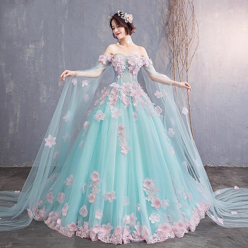 Mint Green Quinceanera Dresses With Cape Princess Vestido De 15 Anos Ball  Gown Lace 3D Flower Birthday Party Customized | Shopee Malaysia