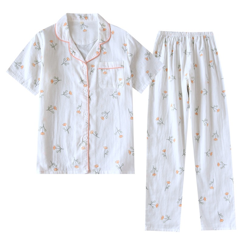 [Ready Stock] 100% Cotton Short Sleeve Long Pants Pajama Set Floral ...