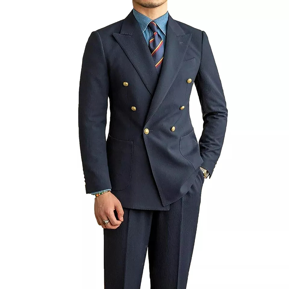 Navy Blue 2 pieces Men‘s Suit Slim Fit Flat Double Breasted Peak Lapel Tuxedo CN505 main image 1