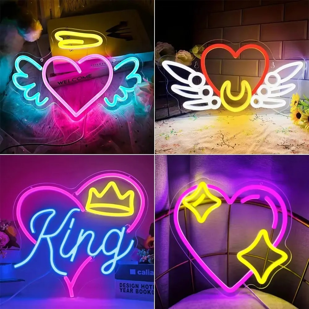 Heart Neon Sign Wing Led Light Up Sign Wall Decor USB Dimmable Room ...
