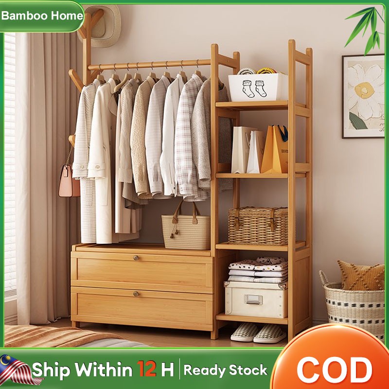 【In Stock】Clothes Rack Rak Baju With Drawer Bamboo Clothes Drying Rack ...