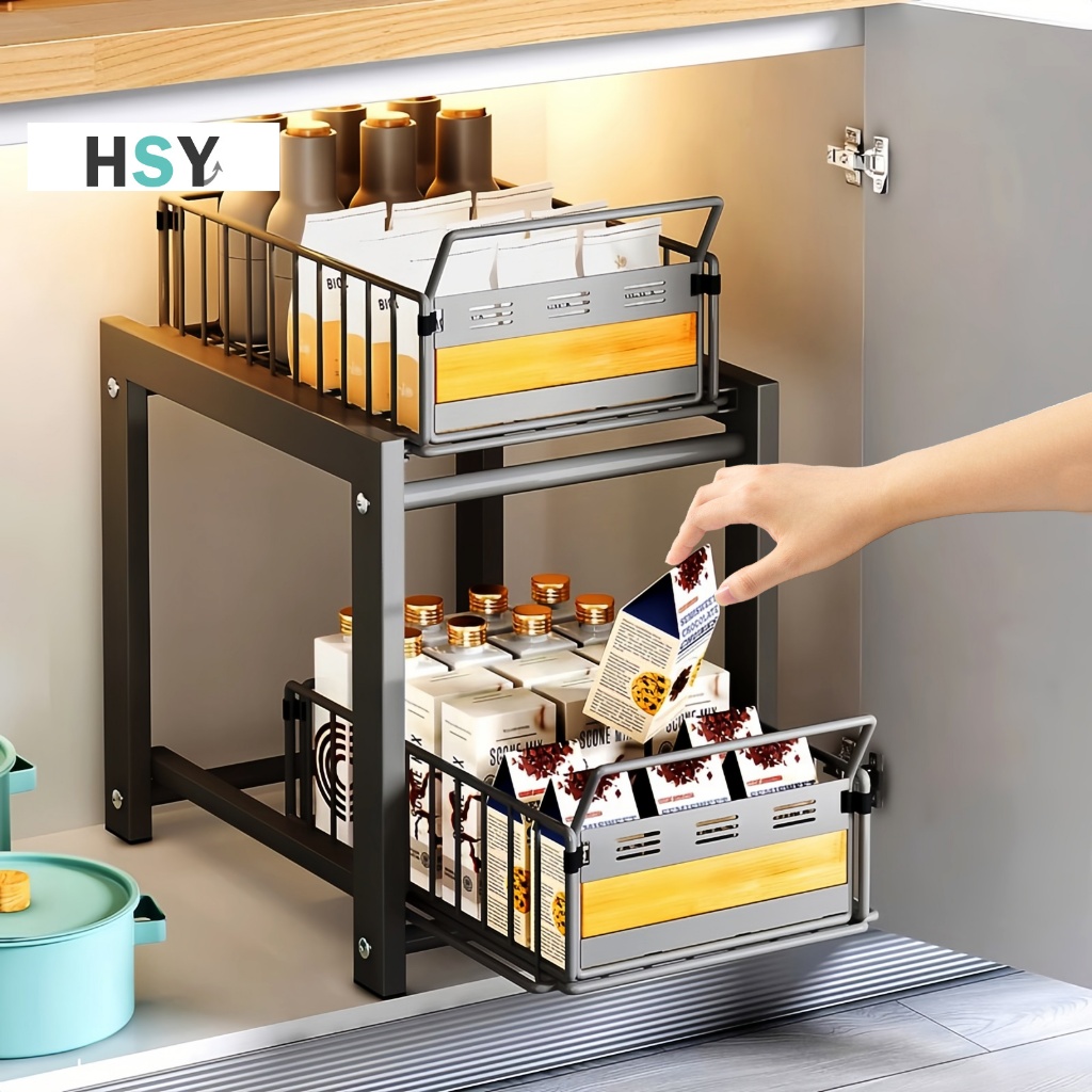 HSY Under Sink Organizer Pull Out Basket Dish Rack Kitchen Cabinet With ...