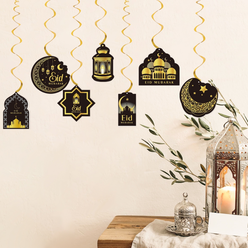 7pcs Eid Mubarak Black Gold Hanging Ornament Moon Star Spirals Ornament ...