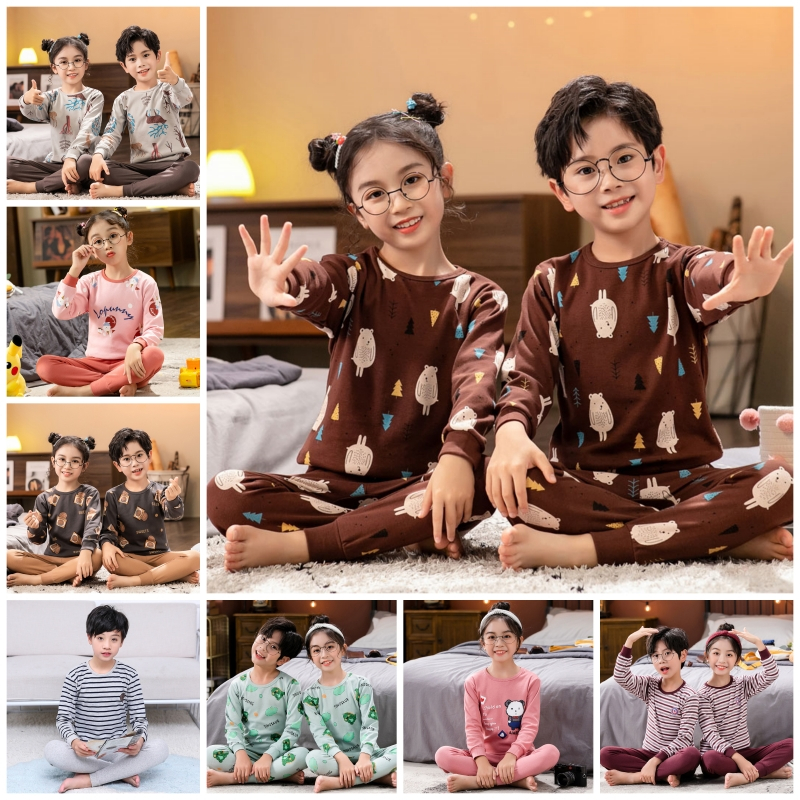 【LF】Kids Long Sleeve Pajamas Set 100-160cm Cotton Boys Girls Loungewear ...