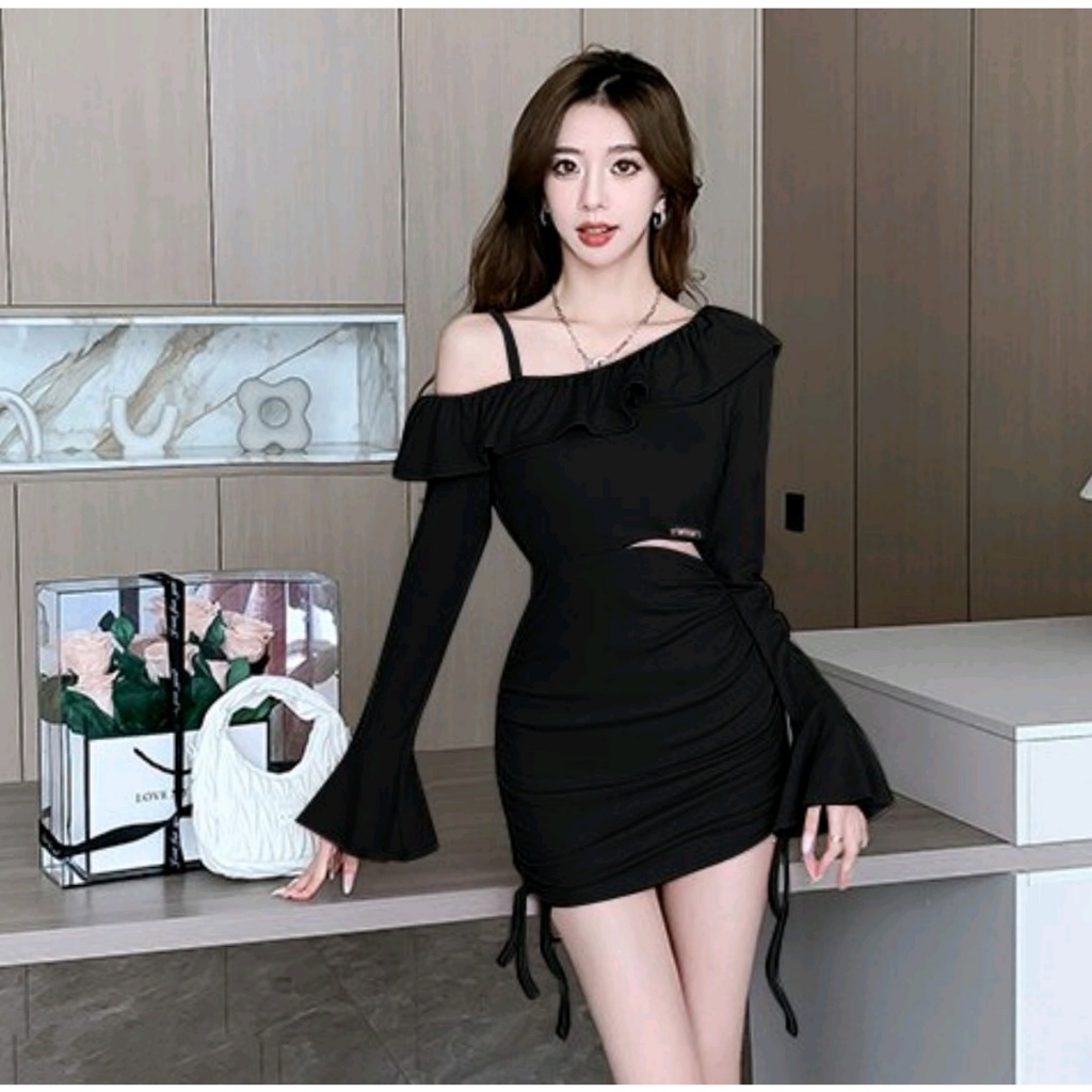 Sexy Black Off Shoulder Bodycon Dress with Long Sleeves - Korean Style Plus  Size | Shopee Malaysia