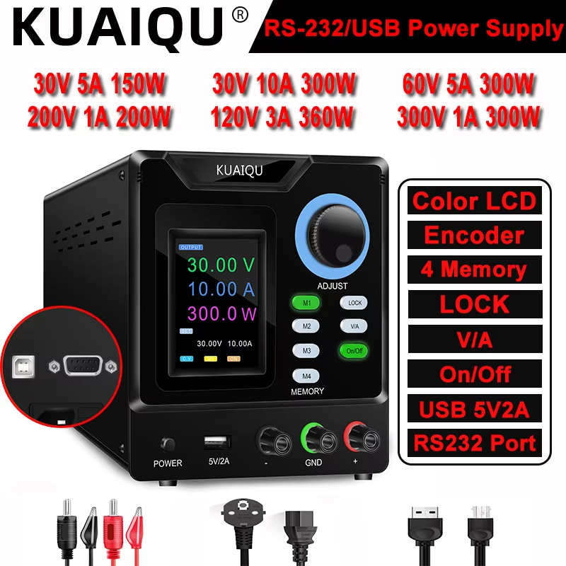 KUAIQU RS232/USB Port Adjustable DC Power Supply Lab Stabilizer Source ...