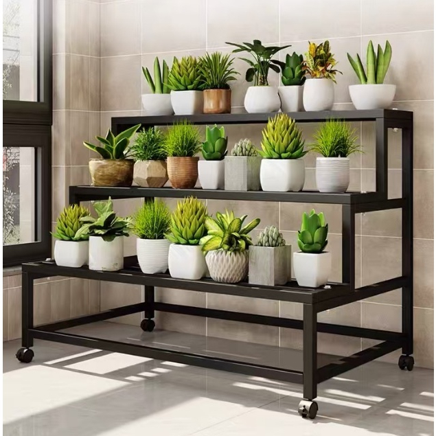 【ACC】3 Layers Movable Wheeled Flower Stand 120CM Black Plant Rack ...