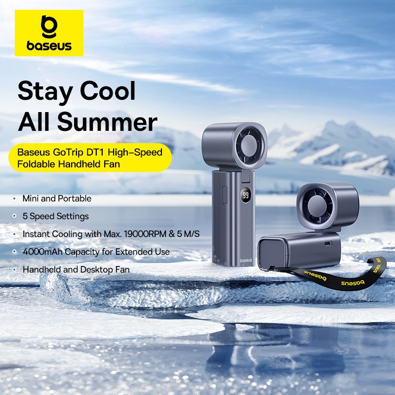 Baseus 4000mAh High-Speed 5 Speeds Strong Wind Foldable Handheld Fan ...