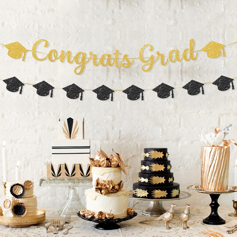 16pcs Black Gold Class Of 2025 Paper Banner Blue Happy Graduation ...